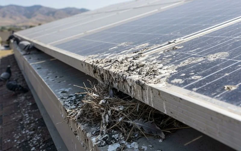Concentrated bird droppings on solar panel edges indicating nesting activity underneath