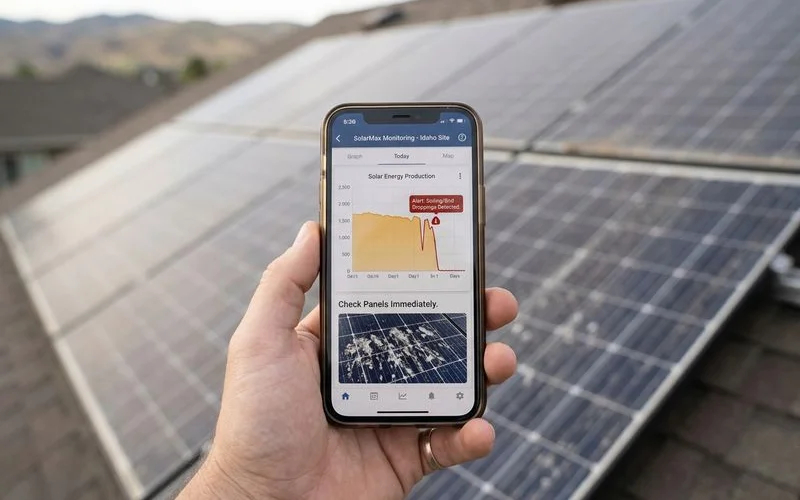 Solar monitoring app showing unexplained production decline caused by bird droppings and nesting debris