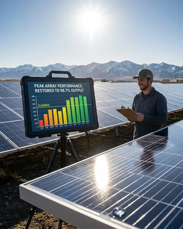 After: professionally cleaned commercial solar array restored to full production in Meridian