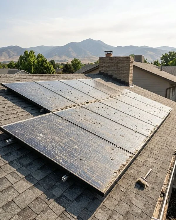 Before: dirty solar panels covered in dust and bird droppings on Boise residential roof