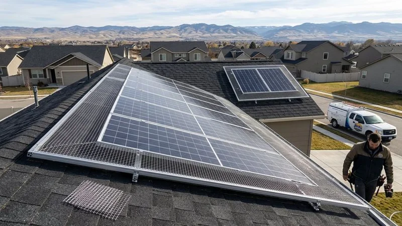 Mesh guard installation around solar panels on an Idaho rooftop